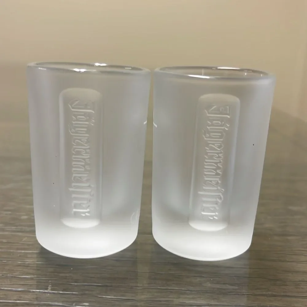 Pair of Embossed Jagermeister Frosted Glass 1 fl. oz Shot Glasses Barware Bar
